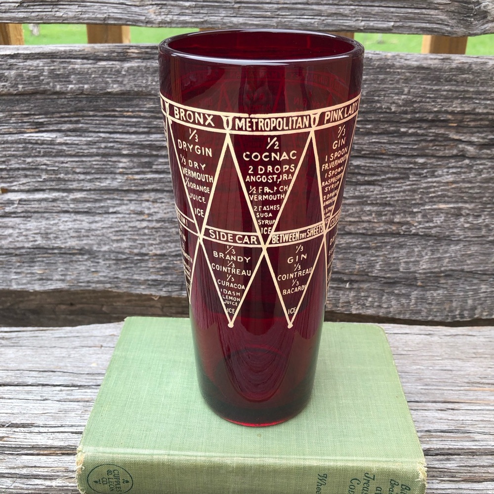 Vintage Cocktail Shaker Recipe Glass ruby red MCM Speakeasy vtg Barware heavy!